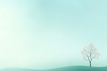 Lone tree stands on a gentle hill against a soft blue background