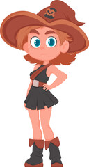 Funny and cute female pirate. Girl in a pirate costume. Cartoon style