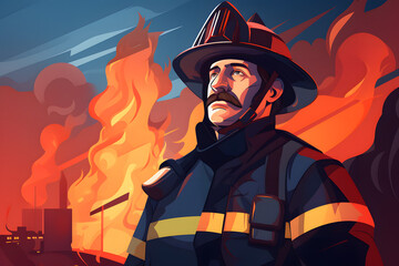 Firefighter stands boldly before a massive blaze in an urban environment
