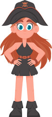 Funny and cute female pirate. Girl in a pirate costume. Cartoon style