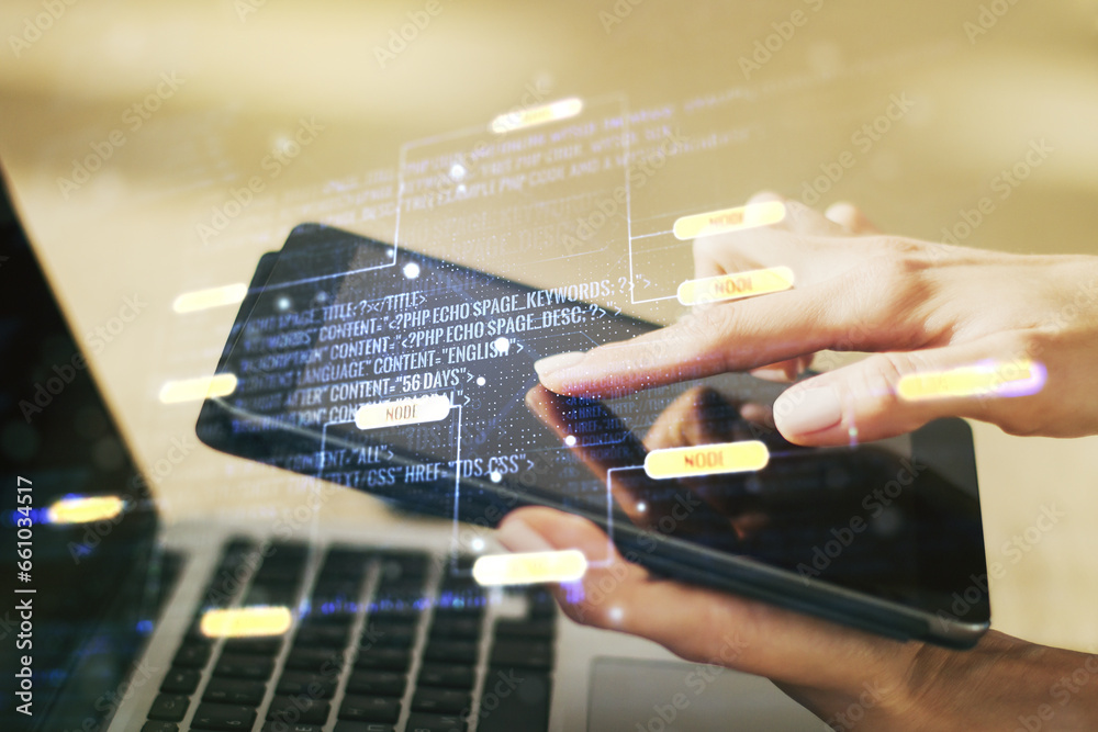 Aufkleber Multi exposure of abstract software development hologram and finger presses on a digital tablet on background, research and analytics concept