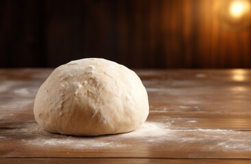 Loaf of fresh bread on floured wooden table. Bread dough before baking.