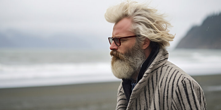 A gloomy silver-haired man standing on a desolate beach. His expression filled with melancholy. - Powered by Adobe