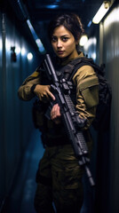 Fototapeta na wymiar A uniformed military woman with an assault rifle gun stands in a dark hallway.