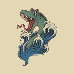 retro cartoon illustration of sea dragon waves