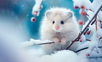Pequeño ratón blanco adorable en el bosque cubierto de escarcha en una rama bajo la nieve navideña. - obrazy, fototapety, plakaty