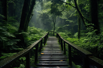 Fototapeta premium A wooden paved bridge through the rainy jungle.