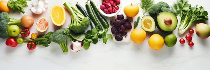 Healthy living through art: flat lay of fresh fruits and vegetables banner