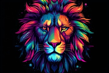 Vibrant lion sports team logo t-shirt with tattoo-like design in neon colors on transparent background. Generative AI