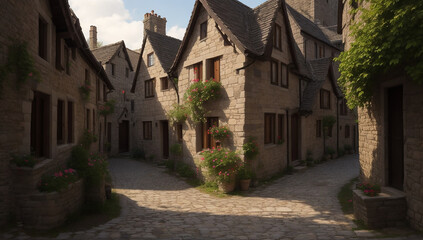 Fototapeta na wymiar Medieval village, a quaint cluster of stone cottages nestled along cobblestone streets - AI Generative