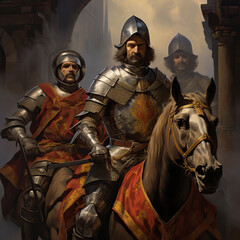 Portrait of Spanish conquistadors on horseback - obrazy, fototapety, plakaty