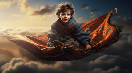 Soaring Above the Clouds: Young Child's (Boy) Fantastical Journey on a Magic Carpet - Merging Dreams with Reality. Generative AI.