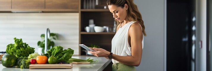 Woman in contemporary kitchen browsing grocery app on her phone