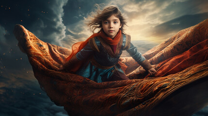 Young Child (Girl) Soaring High on a Magic Flying Carpet Above the Clouds - Venturing into the World of Imagination & Dreams. Generative AI.