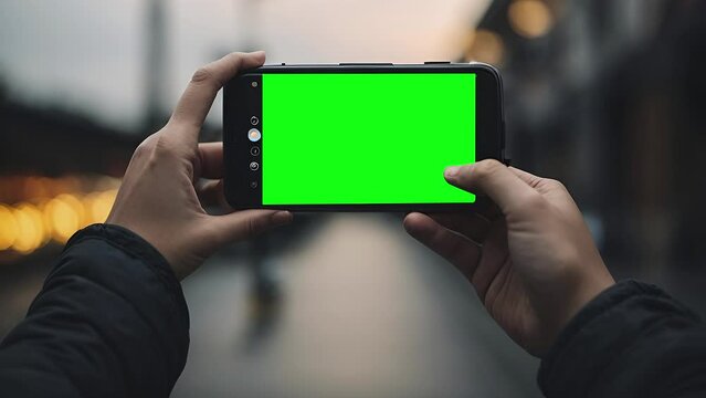  hands hold a smartphone with a green screen. The social media image captures a photograph while the smartphone changes to green screen. concept technology, smartphones and green screens.