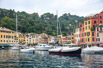 Panoramic View to colorfully painted building and see, Portofino Italy