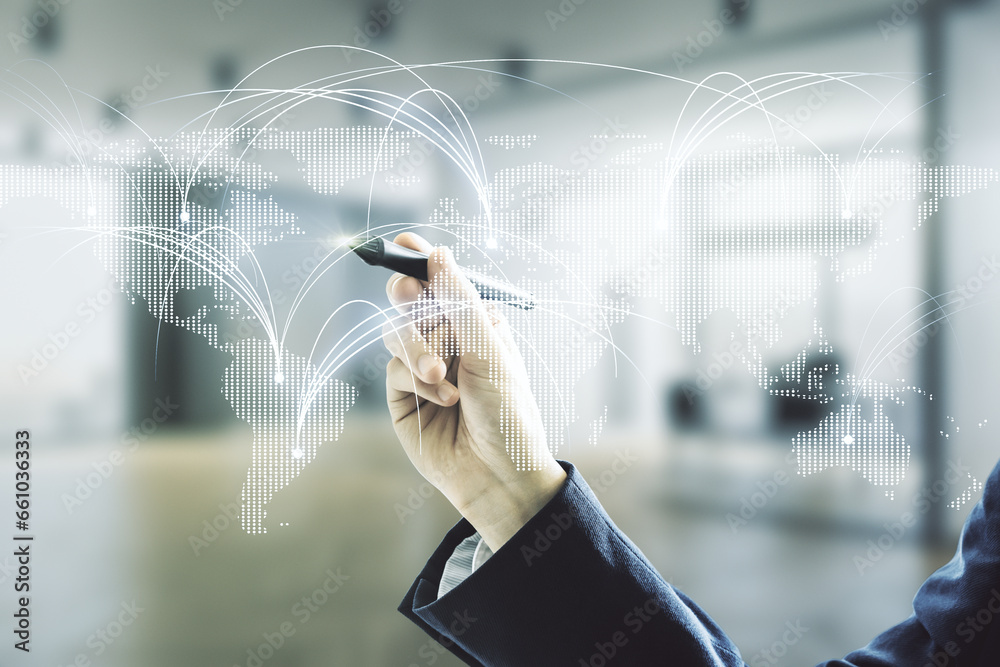 Poster double exposure of man hand with pen working with abstract digital world map hologram with connectio
