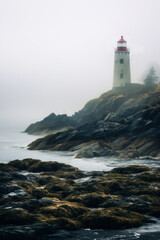 Fototapeta na wymiar A lighthouse on a moss-covered island shrouded in fog.