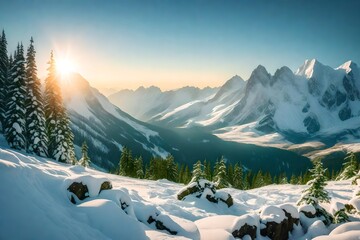 Mountain landscape, a majestic vista of towering peaks covered in thick blankets of snow - AI Generative