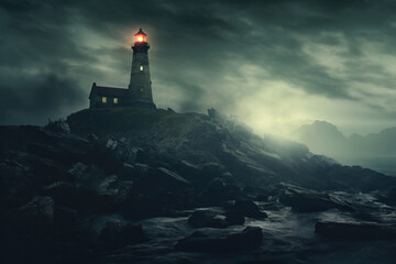 Mysterious lighthouse on a deserted island, shrouded in mist, eerie and atmospheric setting. - obrazy, fototapety, plakaty