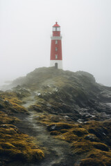 A lighthouse on a moss-covered island shrouded in fog.