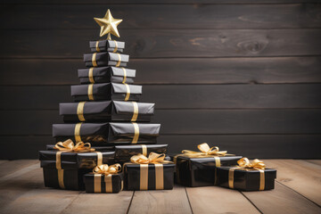 elegant Christmas tree made with black gift boxes adorned with golden bows, arranged in a pyramidal structure on a wooden surface, contrasting with a black wooden background.copy space