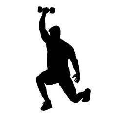 Silhouette of a muscular male in weight lifting pose at the gym. Silhouette of a muscular man in workout pose lifting dumbbell.