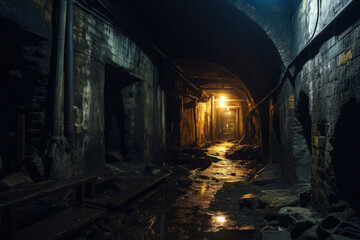 Fototapeta na wymiar A mysterious underground city illuminated by light bulbs. Tangled tunnels and dimly lit chambers.