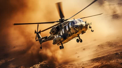 Foto op Plexiglas Military helicopter in active combat zone. War chopper aircraft flying for the army and landing in the desert © Alin