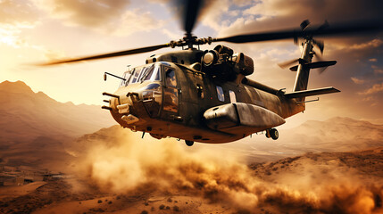 Military helicopter in active combat zone. War chopper aircraft flying for the army and landing in the desert