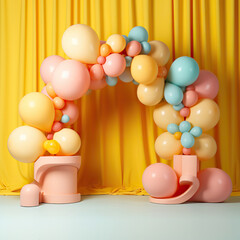 Fototapeta na wymiar Surreal Balloon Arch in a Yellow Room,frame with balloons