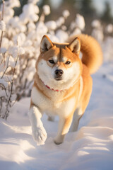 Shiba Inu running in the snow on a Christmas morning.
