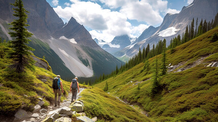 A couple of hikers trekking through a easy moutain A couple of hikers trekking through a easy moutain trail