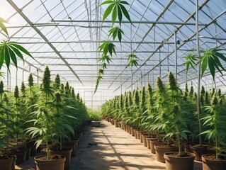Fototapeta na wymiar A Greenhouse With Pots Of Marijuana