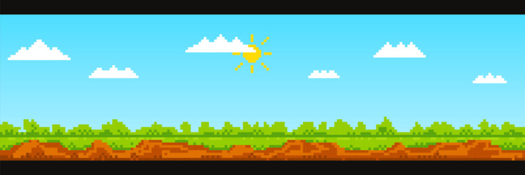 A set of pixelated seamless landscape background with sky, clouds, sun, trees, bushes, earth to create various scenes and levels in 8 bit games. Pixel art game background.