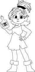 Funny and cute female pirate holding a bottle of rum. Coloring style