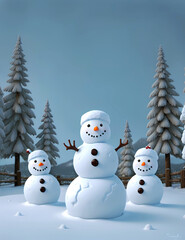 3d animation style snowman on the snow, snowy background with three snowman