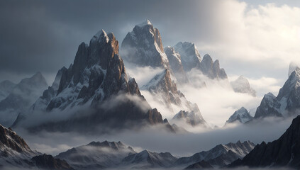 Mountain landscape, a majestic vista of towering peaks covered in thick blankets of snow - AI Generative