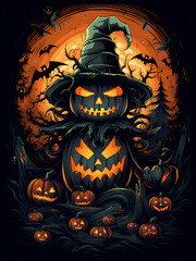 illustration d'Halloween avec des citrouilles, des chauves-souris  et des monstres