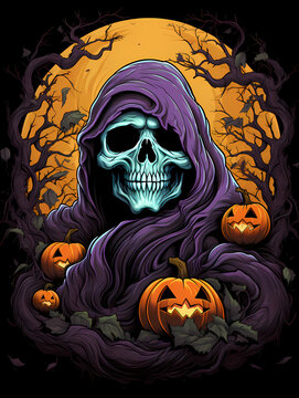 illustration d'Halloween avec des citrouilles, des chauves-souris  et des monstres