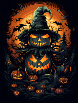 illustration d'Halloween avec des citrouilles, des chauves-souris  et des monstres