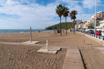 Beach with shower and water Oropesa del Mar Castellon province Valencia region Spain
