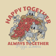 retro cartoon emblem of cute cats with pizza slice