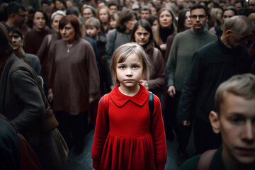 a crowd of people in gray clothes walks around a little girl in a red dress with a confused, sad face. Concept of child protection, orphans, abandoned children, psychological assistance to children.