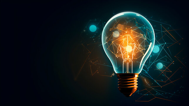 Beautiful light bulb of blue and yellow colors isolated on a black background. Banner. Copy space