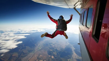 Tuinposter Man jumping our of plane for skydiving. Extreme sport fun adventure © ReneBot/Peopleimages - AI