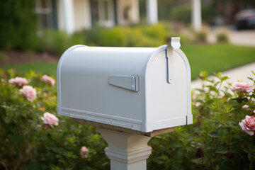 White Mailbox in Front of House with Pink Flowers, Generative AI