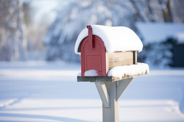 Red Mailbox Covered with Snow in Winter, Generative AI