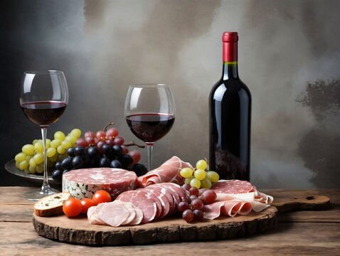 A Wooden Board With A Wine Bottle And A Bunch Of Grapes