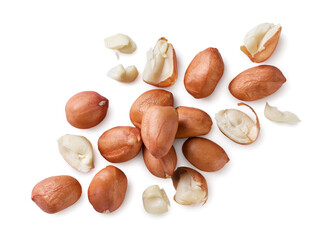 Peanuts and broken pieces close-up on a white. Top view
